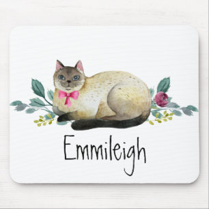 Siamese Katze Lila Blumengrün Blätter Weiß Mousepad