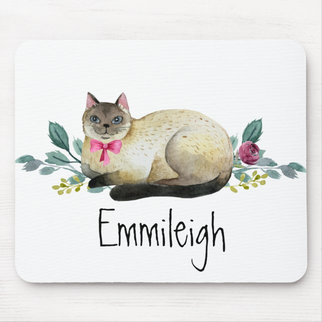 Siamese Katze Lila Blumengrün Blätter Weiß Mousepad (Vorne)
