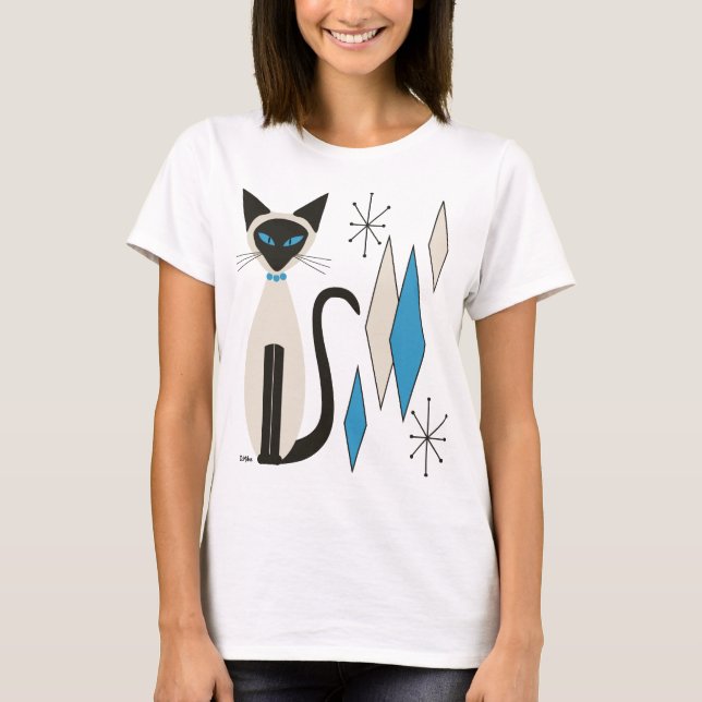 Siamese Katze mit Blue Diamonds Mitte Jahrhundert T-Shirt (Vorderseite)