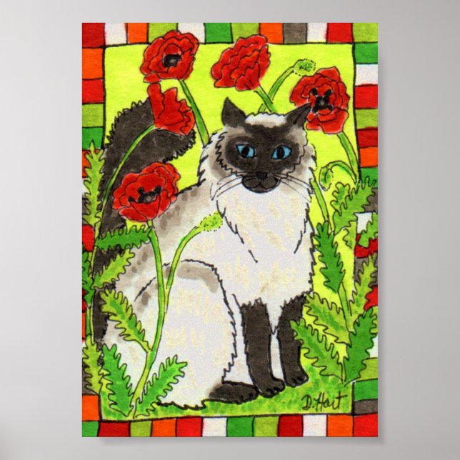 Siamese Katze mit orientalischen Poppies Folk Art Poster (Vorne)