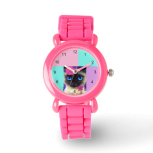Siamese Katze Niedlich Rosa Glitzer Illustration H Armbanduhr