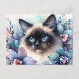 Siamese Katze unter Orchideen Postkarte