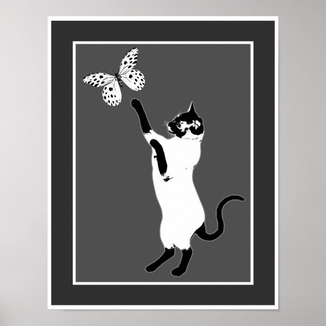 Siamese Katzenschmetterling Schwarz-Weiß-Poster Poster (Vorne)