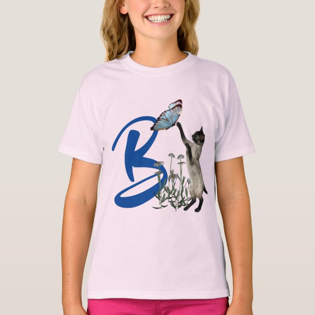 Siamese Katzenschmetterlingsmonogramm Initial B T-Shirt (Vorderseite)