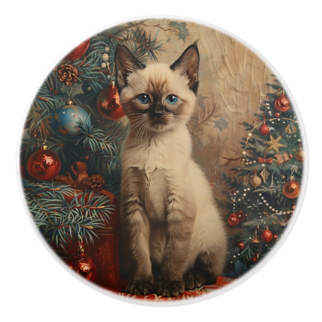 Siamese Kitten Christmas Vintag Cat Keramikknauf (Vorderseite)