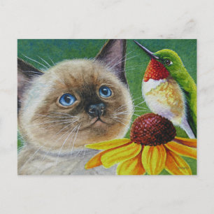 Siamese Kitten & Hummingbird Wasserfarbe Kunst & K Postkarte