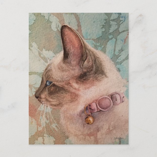 Siamese Kitten Pink Collar Wasserfarbe Kunst Postk Postkarte (Vorderseite)