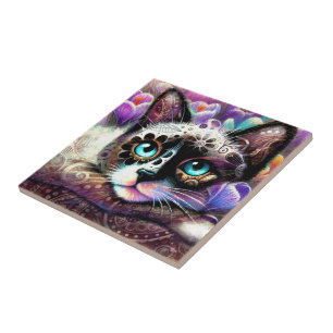Siamese Kitty Cat Crocus Floral Lila Aquamarin Fliese