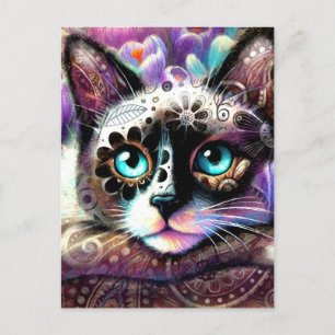 Siamese Kitty Cat Crocus Floral Lila Aquamarin Postkarte