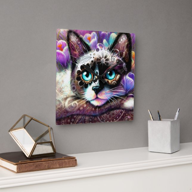 Siamese Kitty Cat Crocus Floral Lila Aquamarin Quadratische Wanduhr (Büro)