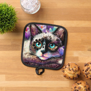 Siamese Kitty Cat Crocus Floral Lila Aquamarin Topflappen