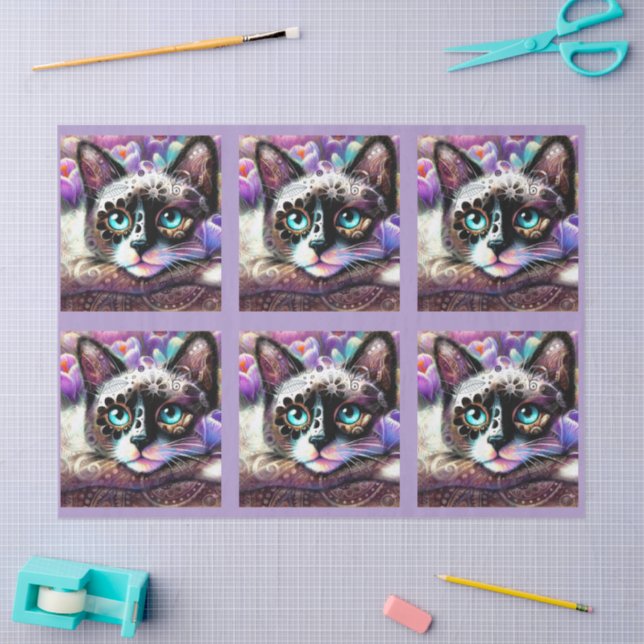 Siamese Kitty Cat Crocus Floral Purple Decoupage Seidenpapier (Basteln)