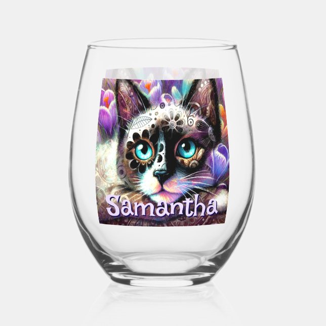 Siamese White Kitty Cat Crocus Floral Personalisie Weinglas Ohne Stiel (Vorderseite)