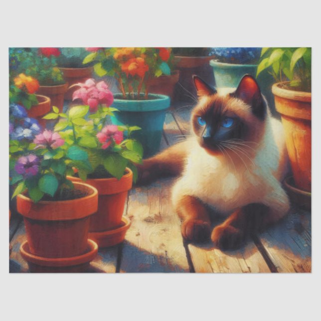 Siamesen Katze im Garten Gemälde Decoupage Seidenpapier (Vorderseite)