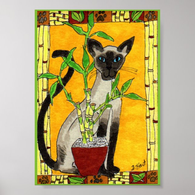 Siamesen Katze mit Bambus Pflanze Mini Folk Kunst, Poster (Vorne)