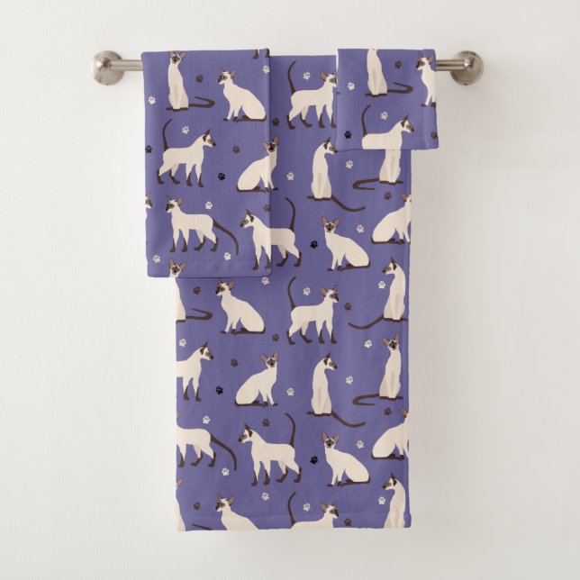 Siamesen Katze und Paws Lila Badehandtuch Set (Insitu)