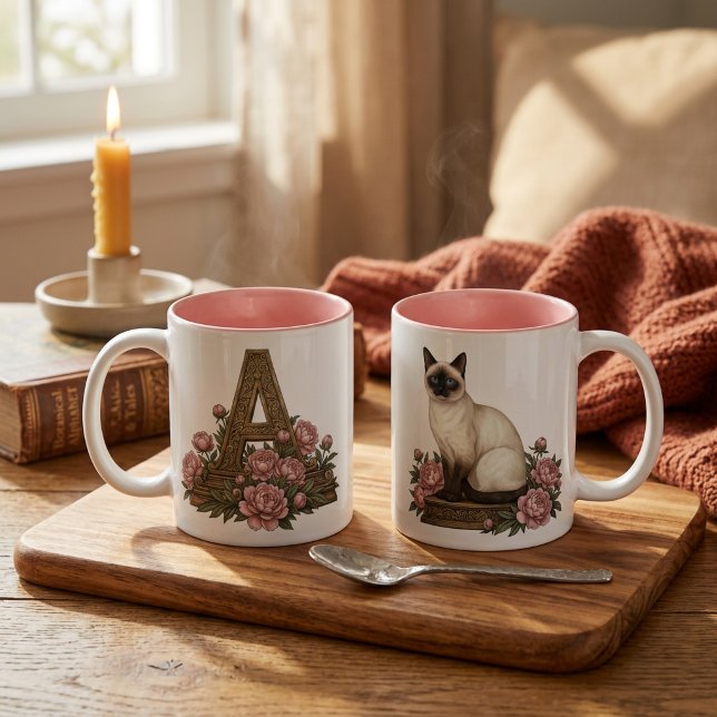 Siamesen-Katzen-Monogramm-Tasse Zweifarbige Tasse (Siamese Cat Monogram Mug - Personalized Initial Mug -Elegant Cat Lover Gift - Blue Eyes Cat Coffee )