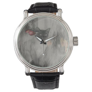 Siamesische Katze, die in Schwarzweiss aufwirft Armbanduhr