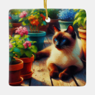 Siamesische Katze im Garten Ölmalerei Keramikornament
