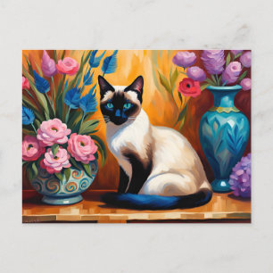 Siamesische Katze und Blumensträuße in Vasen Aquar Postkarte