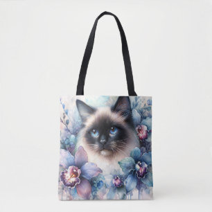 Siamesische Katze und Orchideenblüten Aquarell