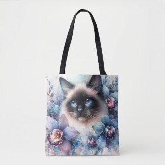 Siamesische Katze und Orchideenblüten Aquarell