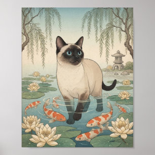 Siamesische Katze watet im Koi-Teich Japanischer G Poster