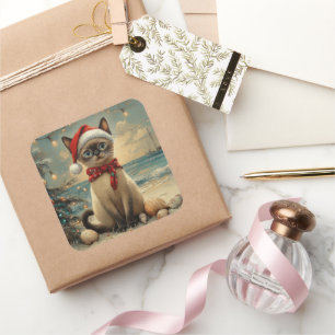 Siamesische Katze Weihnachten Vintage Strand Quadratischer Aufkleber