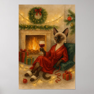 Siamesische Weihnachtskatze feiert zu Hause Poster