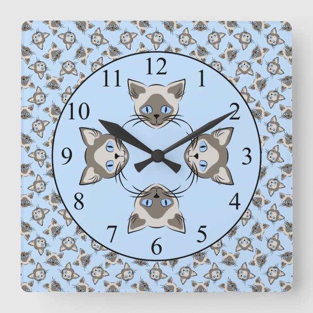 Siamesisches Mit Augen Cat Faces Graphic Art Muste Quadratische Wanduhr (Vorderseite)