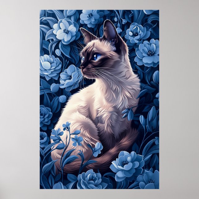 Siamische Katze in Blumen Poster (Vorne)