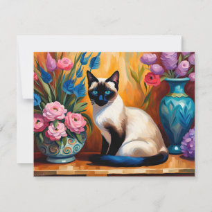 Siamische Katzen und Bouquets in Vasen, Aquarell Feiertagskarte