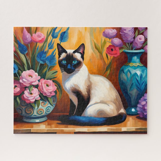 Siamische Katzen und Bouquets in Vasen, Aquarell Puzzle (Horizontal)