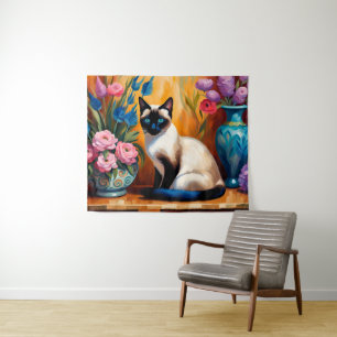 Siamische Katzen und Bouquets in Vasen, Aquarell Wandteppich