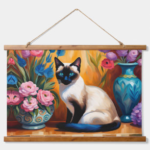 Siamische Katzen und Bouquets in Vasen, Aquarell Wandteppich Mit Holzrahmen