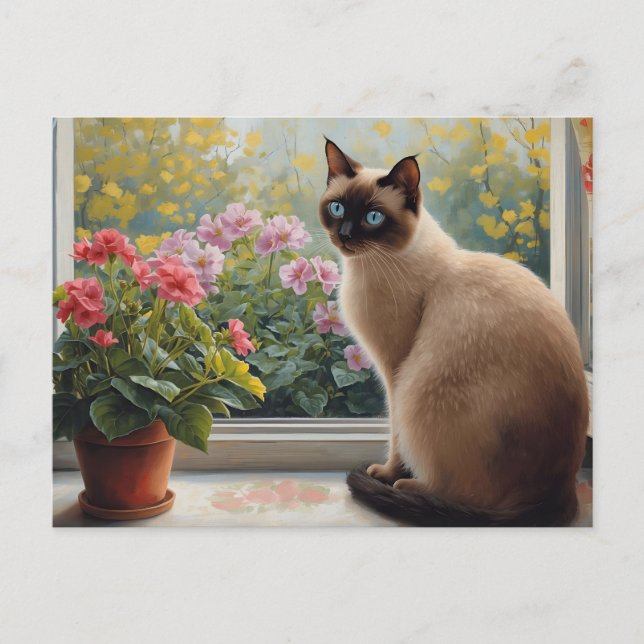 Siamkatze am Fenster mit Gartenblick Postkarte (Vorderseite)