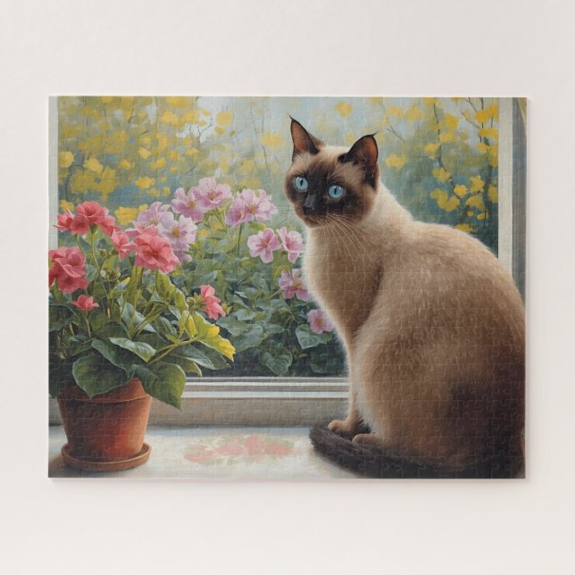 Siamkatze am Fenster mit Gartenblick Puzzle (Horizontal)