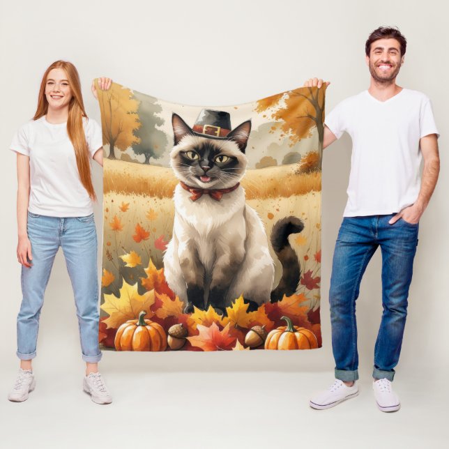 Siamkatze im Herbst hinterlässt Erntedank Art Fleecedecke (Beispiel)