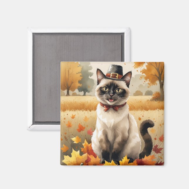 Siamkatze im Herbst hinterlässt Erntedank Art Magnet (Vorderseite/Rückseite)