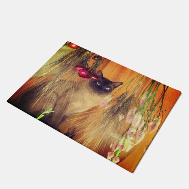 Siamkatze mit Blume Fußmatte (Schrägansicht)