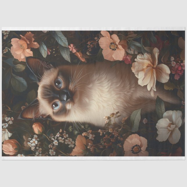 Siamkatze mit rosa Blume Decoupage Seidenpapier (Vorderseite)