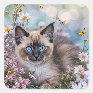 Siamkatze mit Schmetterlingen und Blumen Quadratischer Aufkleber