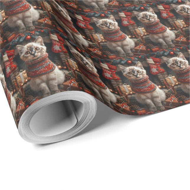 Siamkatze mit Weihnachtsgeschenke Kamin Geschenkpapier (Rolleneckpunkt)