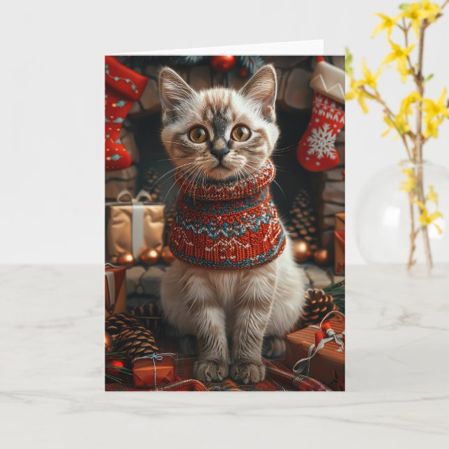 Siamkatze mit Weihnachtsgeschenke Kamin Karte (Gelbe Blume)