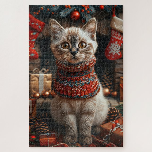 Siamkatze mit Weihnachtsgeschenke Kamin Puzzle (Vertikal)