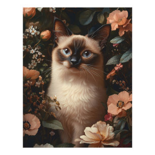 Siamkatze, umgeben von blütenrosa Blume Fotodruck
