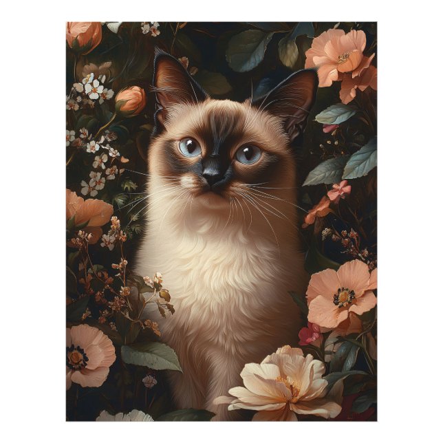 Siamkatze, umgeben von blütenrosa Blume Fotodruck (Vorne)