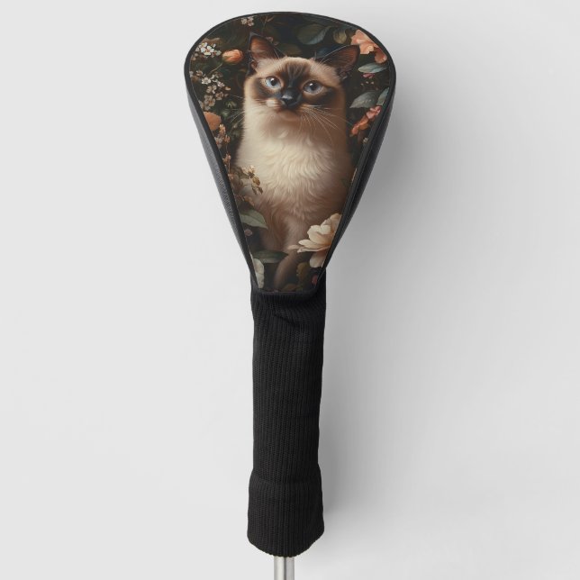 Siamkatze, umgeben von blütenrosa Blume Golf Headcover (Vorderseite)