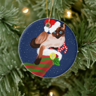 Siamkatze Weihnachten mit Strumpf und Weihnachtsma Keramik Ornament