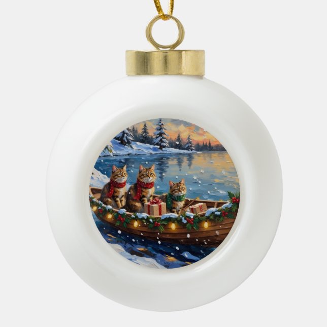 Siberian Cat Christmas Boat Holiday Keramik Kugel-Ornament (Vorderseite)